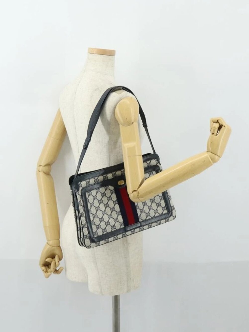 GUCCI GG Supreme Sherry Line Shoulder Bag PVC Navy Gold 010 378 Auth 159381